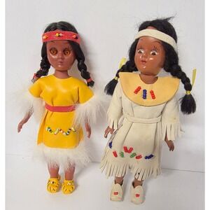 Vintage Native American Style Dolls Set of 2 Sleepy Eyes Colorful Beaded Outfits